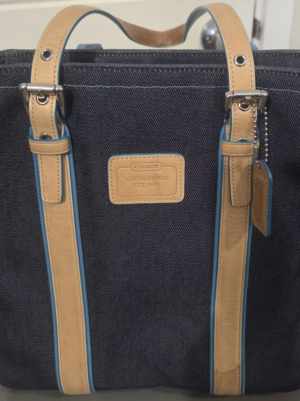 Coach Denim Tote Bag with Tan Leather Trim